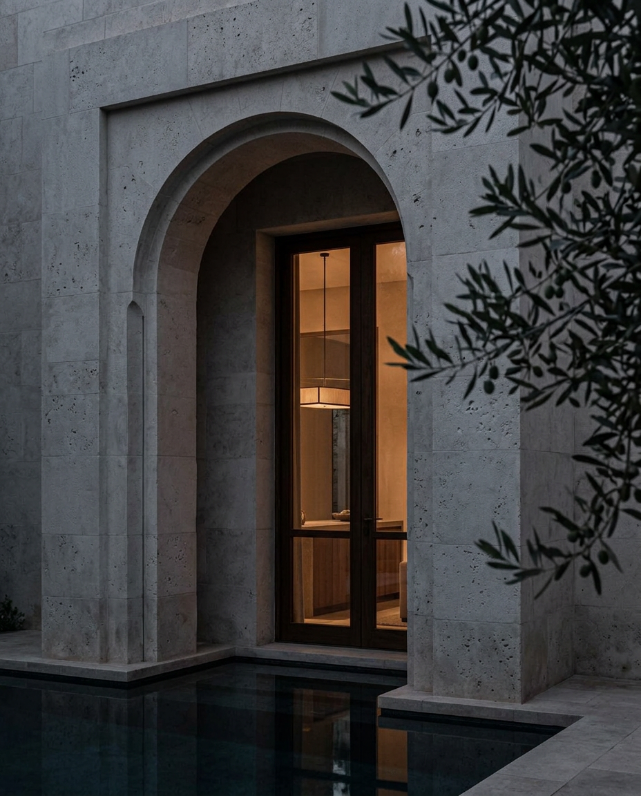 Illustrative hospitality architecture with a limestone archway and warmly lit entrance