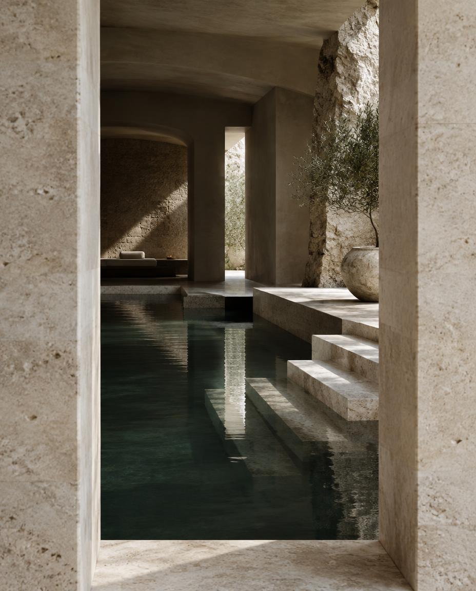 Illustrative limestone spa with still water, stone steps, and soft natural light