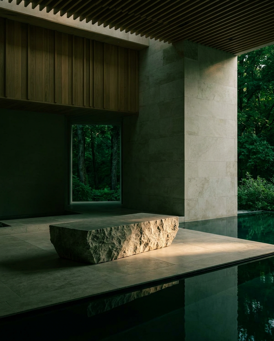 Illustrative stone bench beside a still reflecting pool in a minimalist pavilion, lit by a shaft of daylight